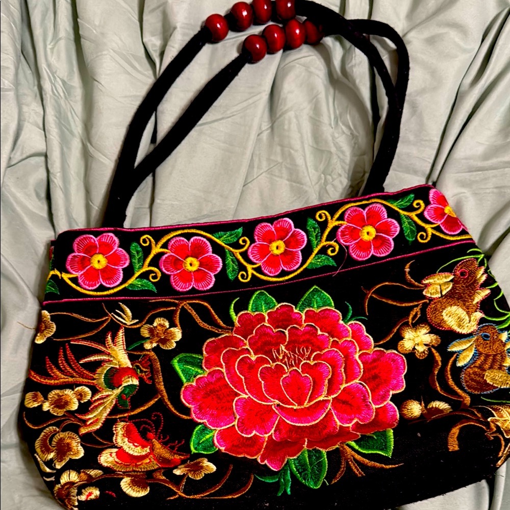 Black and Red Floral Shoulder Bag with Embroidery